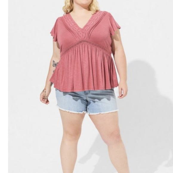 TORRID Knit V-Neck Lace Inset Babydoll Top - Picture 1 of 4